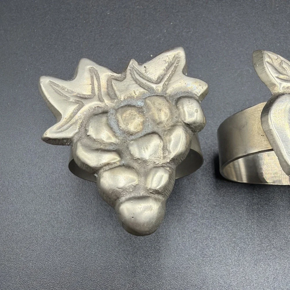 Vtg. Set of Four (4) Pewter Fruit Themed Napkin Rings-Apple-Grapes-Pear-Cherries